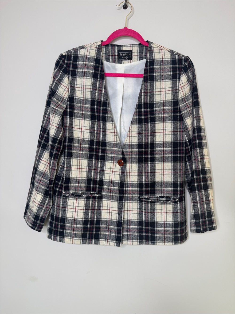 Vtg. Southern Lady Black, White & Red Plaid Single-Button Blazer Size 11/12